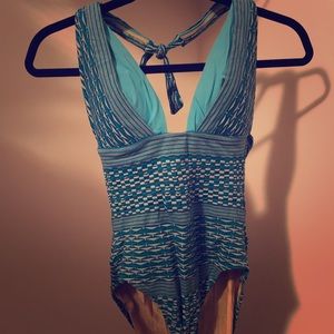 Turquoise one piece swimsuit with skirt & coverup